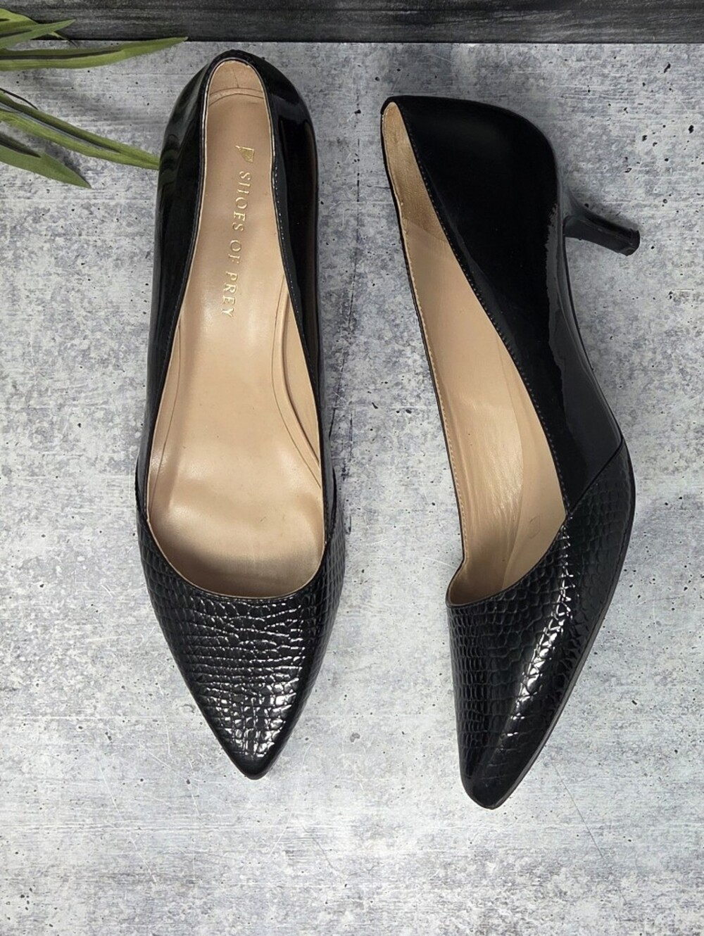 Shoes of Prey Black Pointy Toe Heels Textured Vamp Patent Sides EU Size 44.5